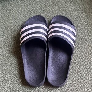 Adidas Black Slides with White Stripes
